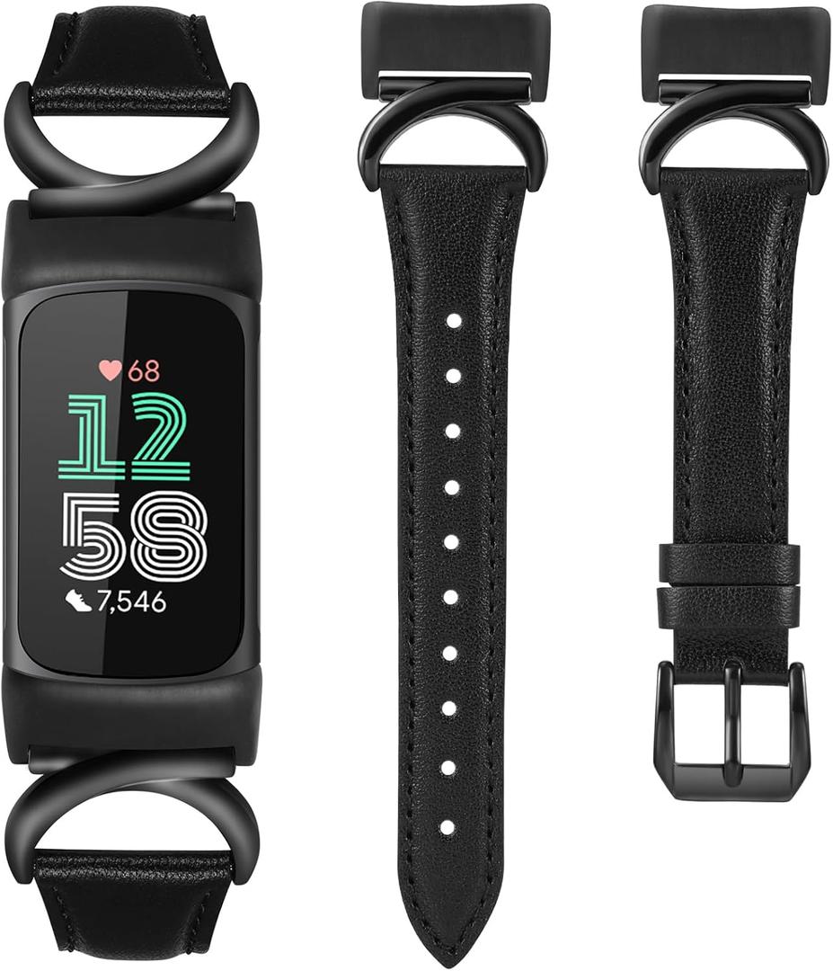 Minyee Leather Bands Compatible with Fitbit Charge 6/Fitbit Charge 5 Band Women, Slim Thin Dressy Premium Leather Strap with C-Shape Metal Buckle for Charge 6/5 Watch Accessories, Black