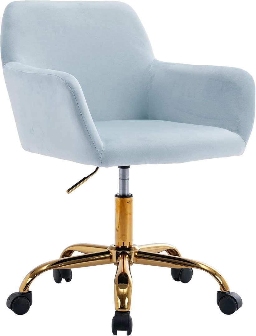 KCC Velvet Office Desk Chair, Comfy Swivel Modern Leisure Armchair with Wheels, Upholstered Comfy Velvet Fabric Makeup Chair Height Adjustable for Teens Women Girls Elegant Home Office, Baby Blue