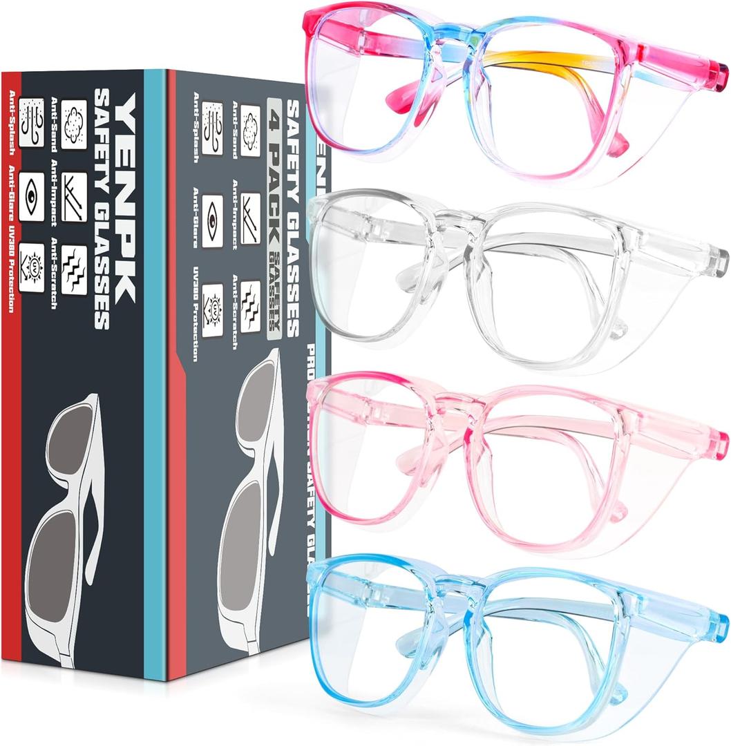 4 Pack Safety Glasses Goggles For Women Anti Fog, Cute Protective Eyewear for Nurses, ANSI Z87+ Anti-Blue Light ((Rainbow _Clear _Pink _Blue))