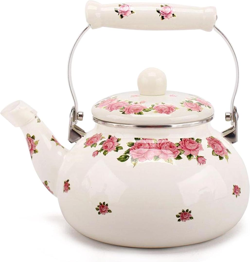 Tea Kettle Pot for Stove Top,Porcelain Large Enamel Teakettle,2.5L Colorful Teapot Floral Ceramic for Stovetop,Retro Classic Design (Pink flower-2.4L)