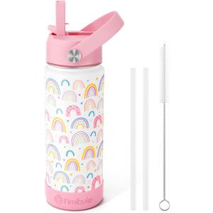 Fimibuke Kids Insulated Water Bottle, 18oz BPA FREE 18/8 Stainless Steel Kids Cup with Straw Travel Tumbler Double Wall Vacuum Leak Proof Toddler Water Bottle for School Boys Girls(1 Pack, Rainbow)