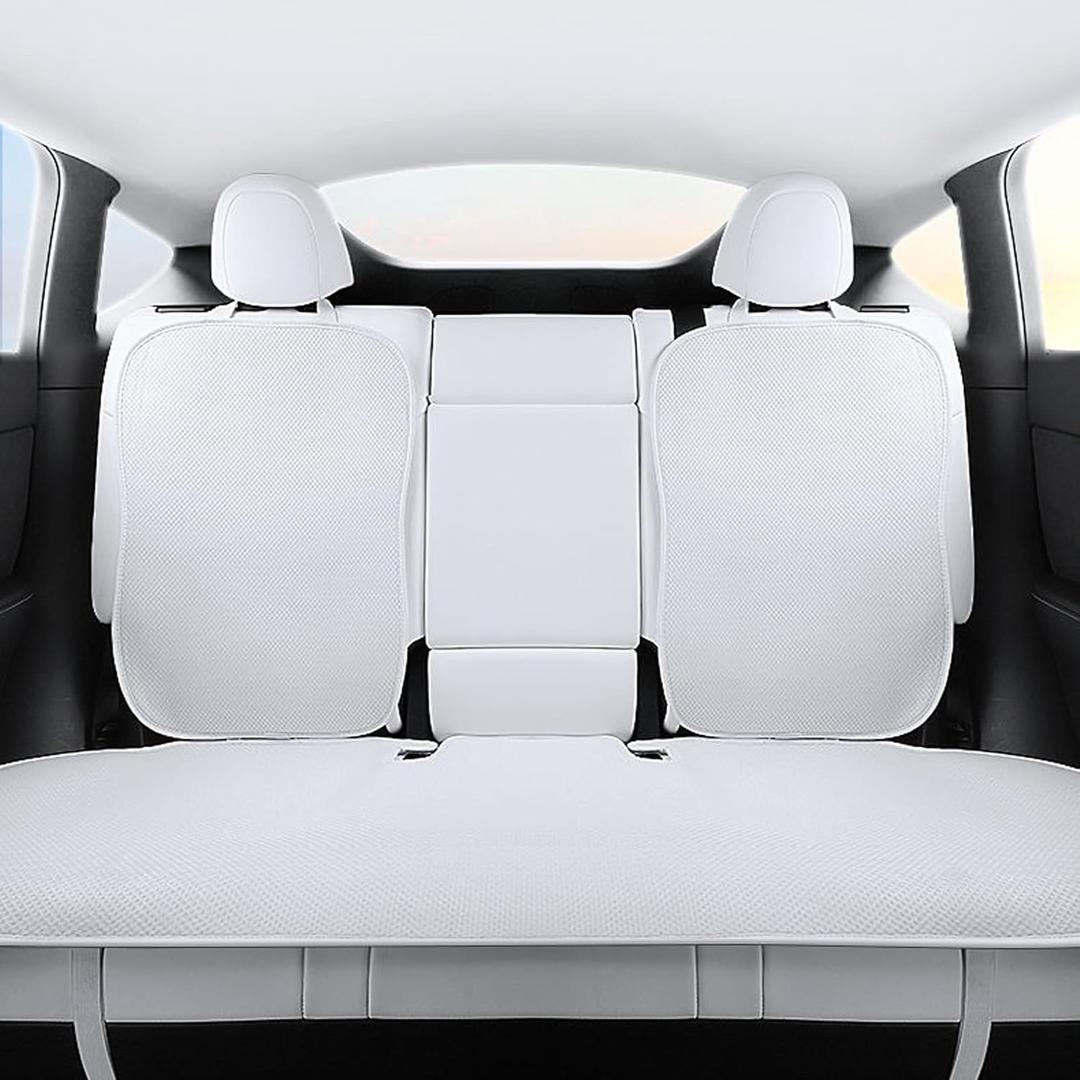 Rear Car Seat Covers for Tesla Model Y Juniper 2025 2020-2024 Breathable Interior Seat Cushion Protector All Season Protection (Without Logo) (White Ice Silk)
