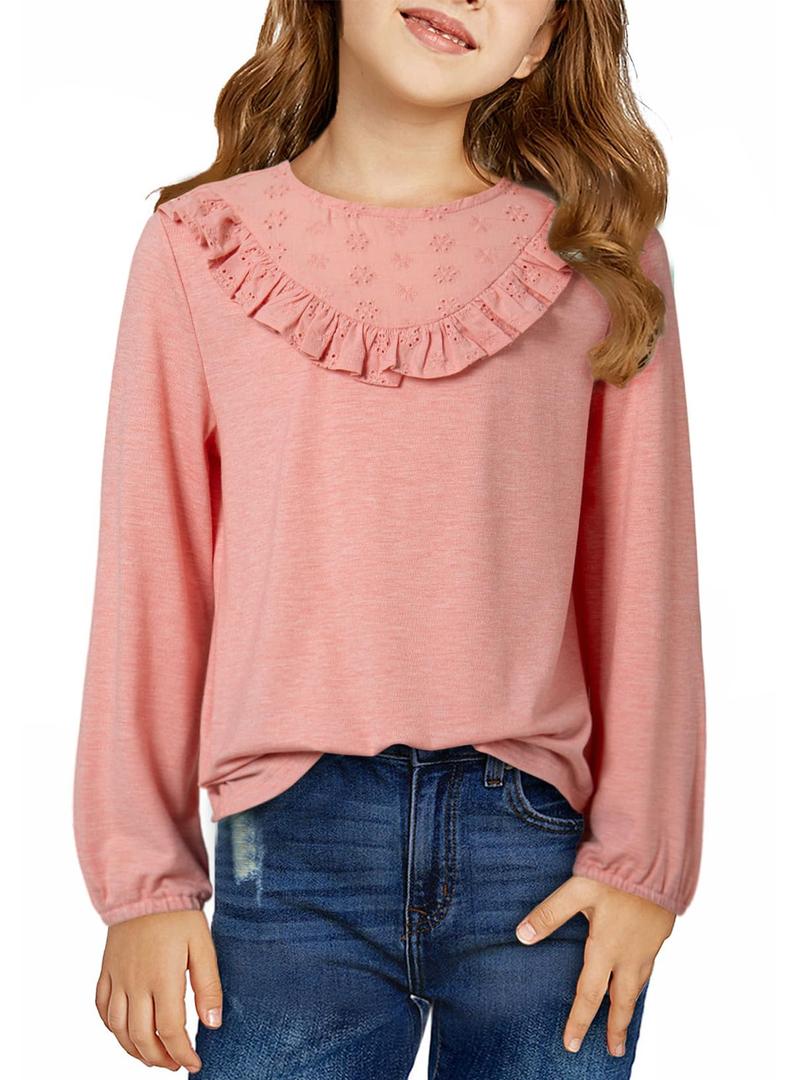 DOKOTOO KIDS Girls Tops Fall Casual Long Sleeve Shirts Lace Crewneck Knit Cute T-Shirt 2025 Trendy Back to School Tee Girl Fashion Dressy Embroidered Blouses Comfort Solid Clothing Pink 8-9 Years