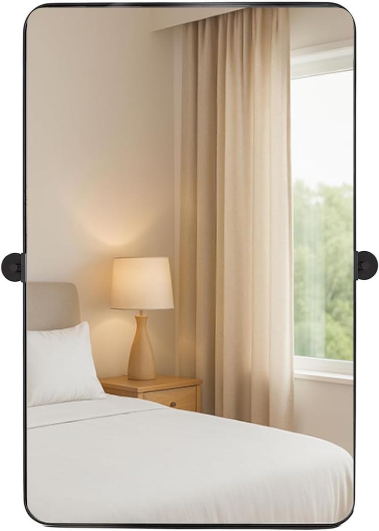 Hamilton Hills 24x36 inch Brushed Black Metal Framed Mirror - Pivot Mirrors for Bathrooms - Rounded Corner Rectangular Frame with Tilt Mirror Brackets - Adjustable and Tilting Farmhouse Wall Vanity