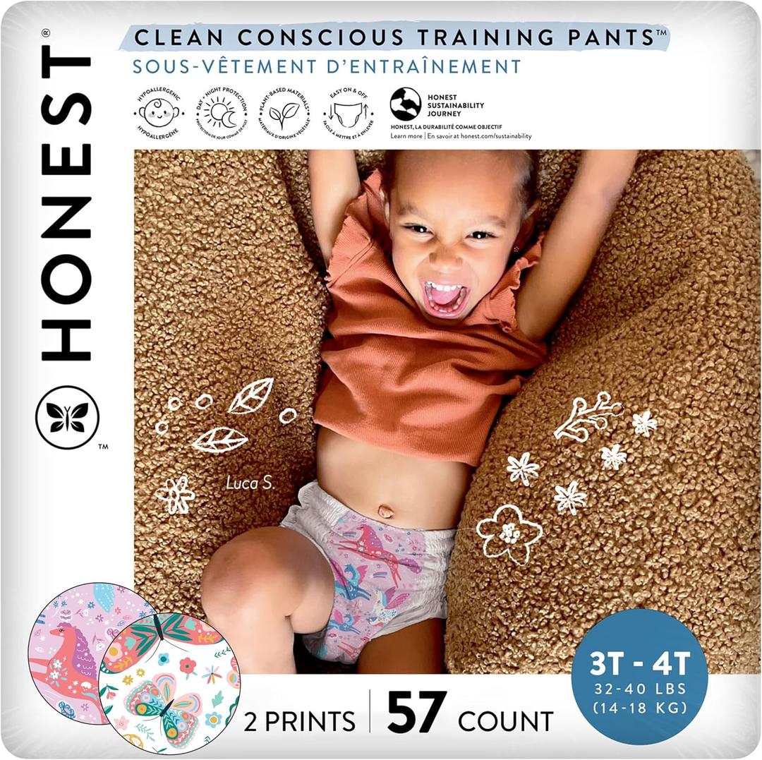 The Honest Company Clean Conscious Training Pants for Sensitive Skin | Hypoallergenic, Fragrance Free | Magical Moments + Butterfly Kisses | Size 3T/4T (32-40 lbs), 57 Count