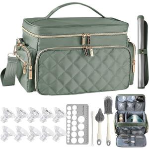 Breast Pump Bag Kit for Spectra S1/S2, Pumping Bag with Bottle Brush Set,10Pcs Flange Inserts for 24mm Flange, Nipple Ruler, Waterproof Mat, Pump Carrying Case for Work Travel, Sage Green