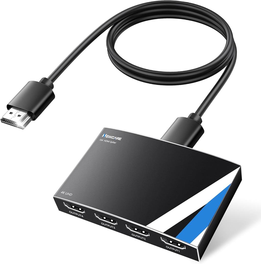 NEWCARE HDMI Splitter 1 in 4 Out [ with 4 Ft HDMI 2.0 Cable and Power Adapter], Aluminum Alloy 4Kx2K@30Hz 14 HDMI Splitter Mirror 1 Source Screen to 4 Monitors/TV, Not Support Extend Screen