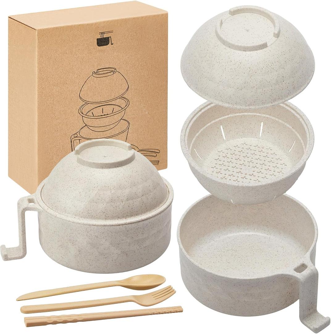 1 Set Microwave Ramen Cooker 40oz Wheat Straw Microwave Noodle Bowl Set with Chopsticks, Spoon, Fork, College Dorm Office Apartment Essentials (Beige)