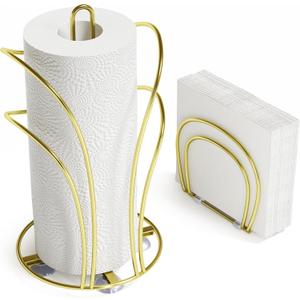 SZQINJI Paper Towel Holder Countertop, Gold Paper Towel Roll Holder with Weighted Base 4 Suction Cups and Paper Napkin Holder Set, Standing Paper Towel Holder for Kitchen Dining Table Picnic