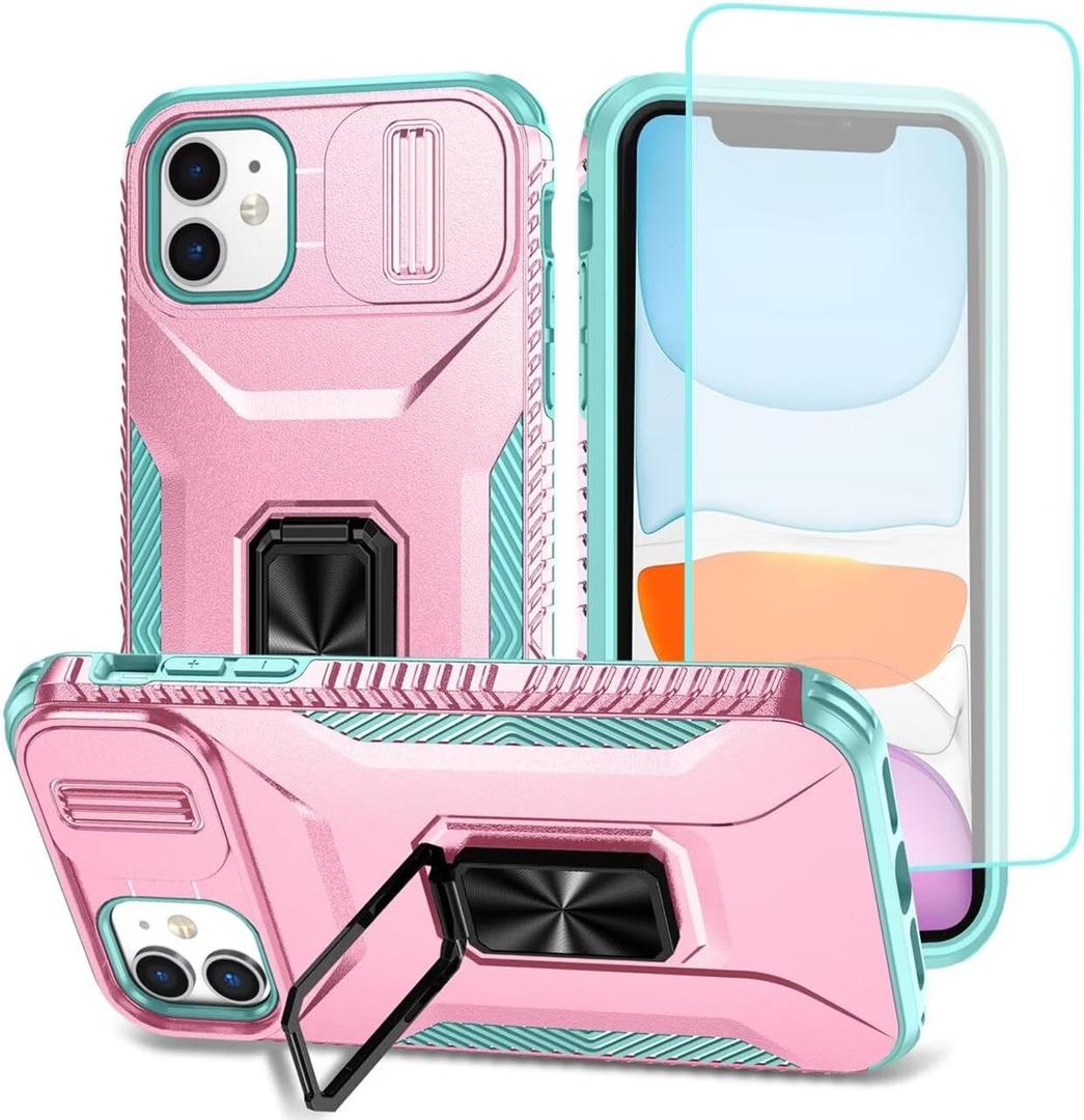 Case for iPhone 11 Case with Tempered Glass Screen Protector and Slide Camera Cover, Rotated Ring Car Mount Holder Shockproof Cover for iPhone 11 PC Pink
