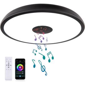 Black Smart Waterproof LED Flush Mount Ceiling Light Fixture,18W,with Bluetooth Speaker,RGB Color Changing Function-Dimmable Lamp,Tuya Application Control-Compatible with Alexa Google Home (11 inches, Black-Applications+Dimming Function+Bluetooth)