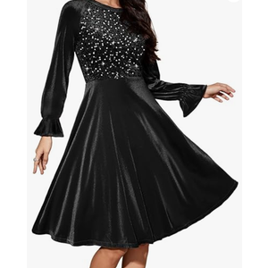 Bbonlinedress Velvet Sequin Cocktail Long Sleeve Dress for Women Velvet Vintage Wedding Guest Midi Dress (Large, Black)