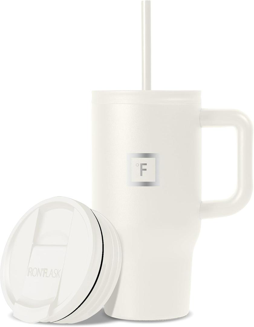 IRON FLASK Co-Pilot Insulated Mug w/Straw & Flip Cap Lids - Cup Holder Bottle for Hot, Cold Drink - Leak-Proof- Water, Coffee Portable Travel Tumbler - Cashmere Cream, 16 Oz