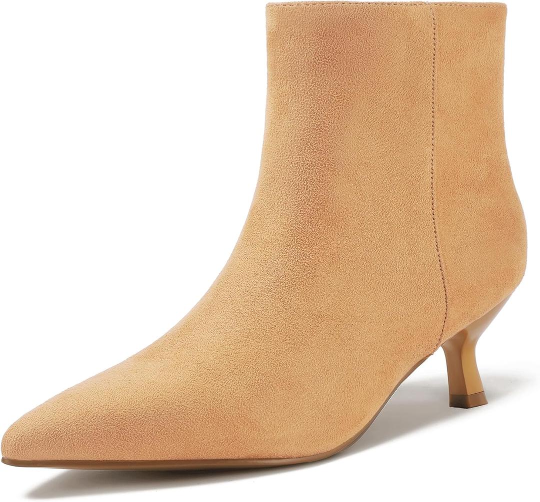 IDIFU IN2 Ankle Boots for Women Low Short Kitten Heel Booties Detachable Metal Strap Zipper Closed Pointed Toe Fall Ladies Bride Wedding Booties Comfortable Cute Trendy Stylish Fashion Dressy Boots