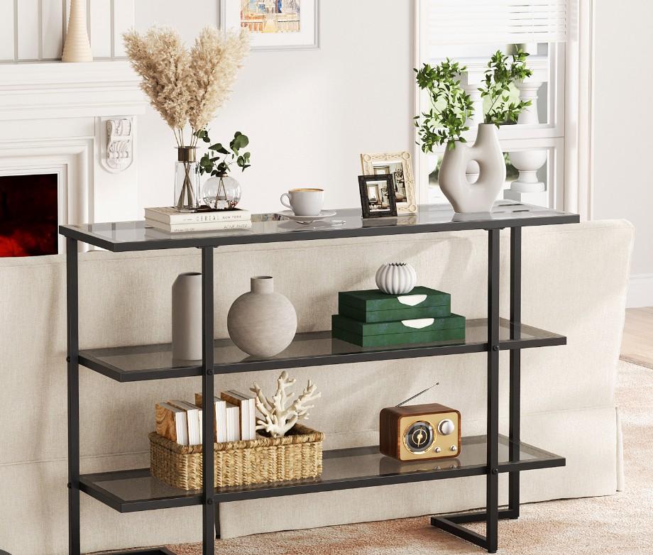 47.2" Console Sofa Table with 3 Tier Storage Shelves, Entryway Table with Tempered Gray Glass for Living Room, Hallway, Dinning Room, Bedroom, Dual-Purpose Modern Style & Anti-tip, Black