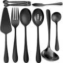 8 PCS Stainless Steel Serving Utensils, Large Serving Spoons Slotted Spoons, Forks, Ice Suger Tongs, Cake Server, Soup Ladle, Metal Utensils Set Great for Buffet Catering Banquet Party, Black