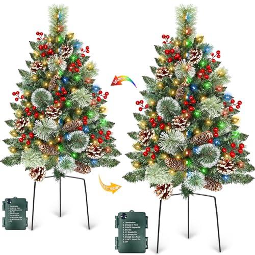 Outdoor Christmas Tree 2 Pack 33" Christmas Urn Filler with 50 Warm&Colorful Lights, Artificial Xmas Tree 8 Modes Timer,Mixed Tips Pinecones Red Berries Battery Operated for Pathway Yard Porch Planter