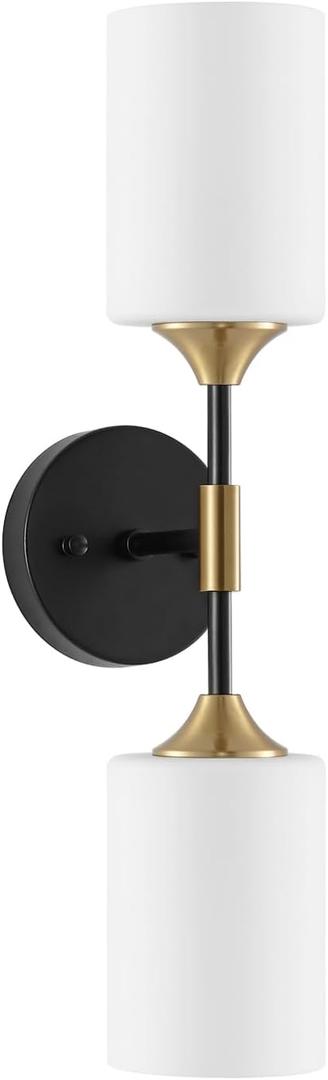 BYOLIIMA Industrial Mid Century Wall Sconce 2-Lights with White Cylinder Glass Shades Modern Bathroom Vanity Wall Lamp Matte Black and Gold Brushed Brass Finished Wall Light Fixture