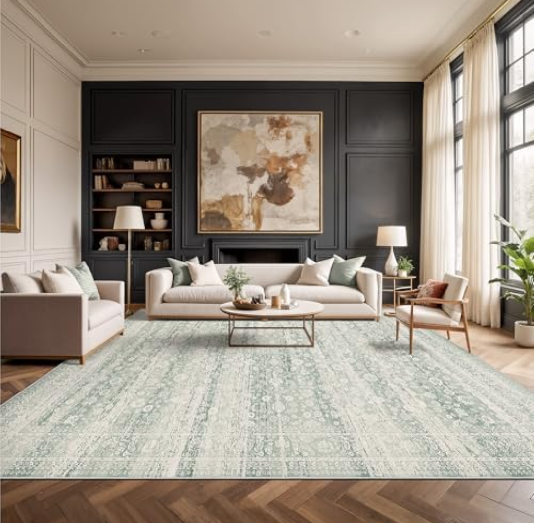 8x10 Foldable Rug Sage Green - Floral Abstract Distressed Low Pile Carpet with Honeycomb Non-Slip Backing, Soft Faux Wool Area Rug for Living Room Bedroom (Sage Green,8'x10')