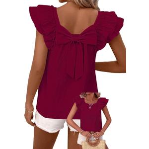 Falechay Womens Summer Tops Cute Crewneck Ruffle Sleeve Clothes Going Out Puffed Short Sleeves Casual Babydoll Teen Wrinkles Loose Fit Shirts 2026 Women Fashion Trendy Top Flowy Tunic Burgundy L