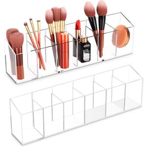 Acrylic 6-Compartment Makeup Organizer 2PCS, Transparent Plastic Makeup Brush Holder, Perfect Bathroom Vanity Storage Solution for Makeup Brushes, Eyebrow Pencils, and More