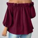 SweatyRocks Women's Plus Size Ruffle Off The Shoulder Blouse Bow Tie Front 3/4 Bishop Sleeve Loose Shirt (Red, XXL)