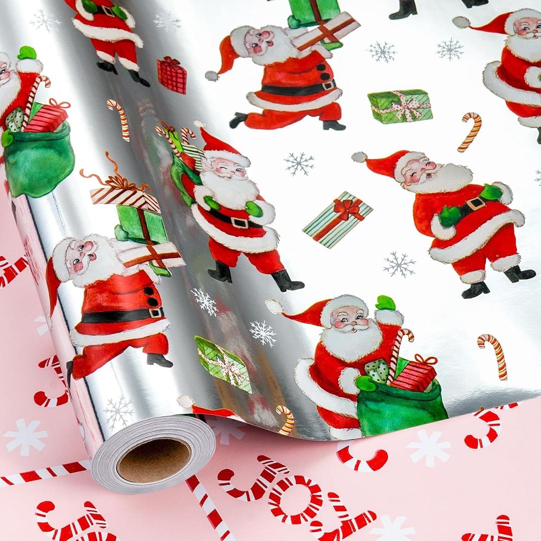 Yarcony Christmas Wrapping Paper Roll, Silver Wrapping Paper, Reversible Funny Santa Claus Theme Christmas Gift Wrap with Metallic Shine for Holiday, Gift Packaging, Celebrations (17 Inch X 33 Feet)