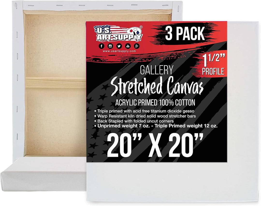 U.S. Art Supply 20"x20" Stretched Canvas for Painting, Gallery Depth 3-Pack