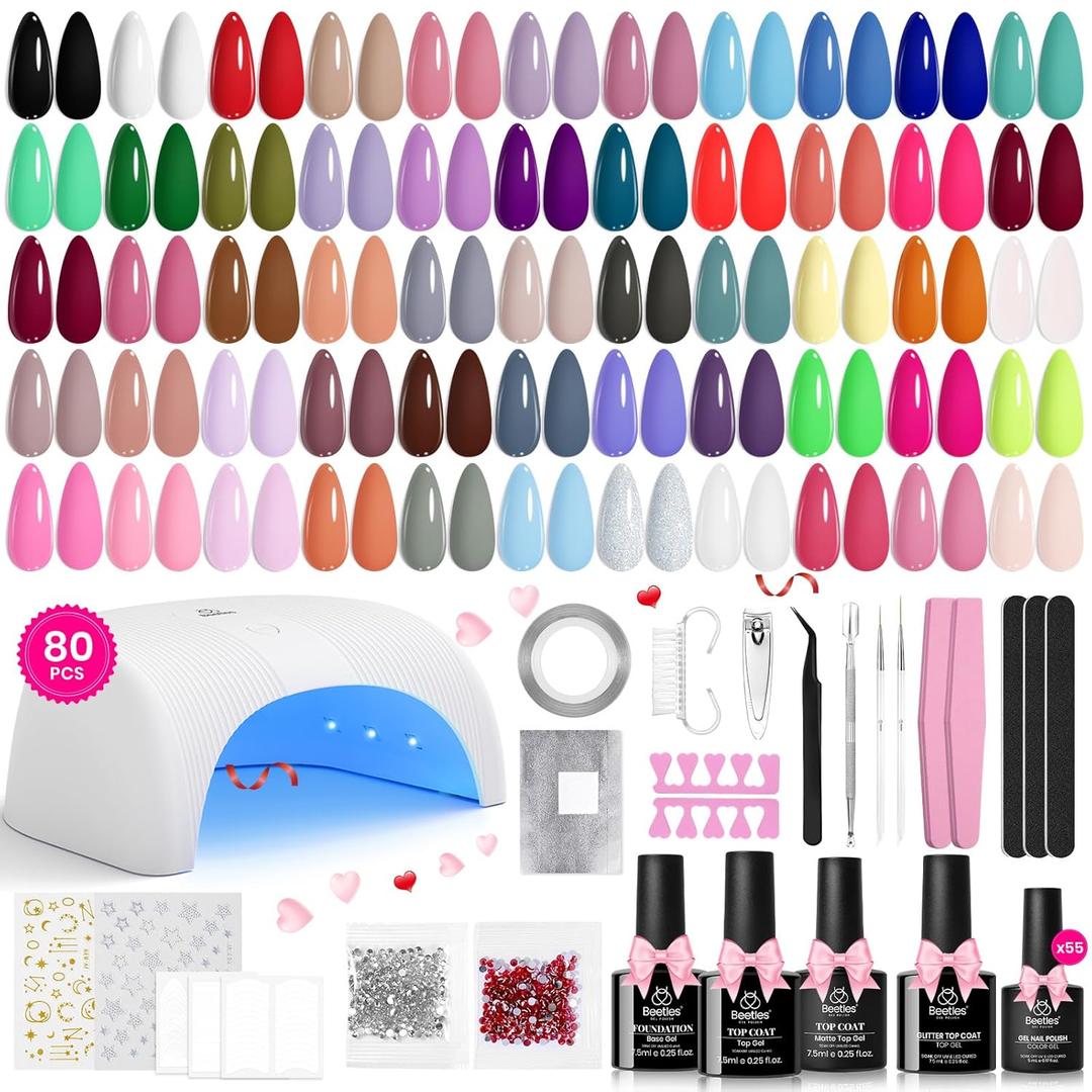 Beetles Gel Nail Polish Kit with U V Light - 80Pcs Color Enchantment 55 Colors Gel Polish Starter Kit with Base Top Coat DIY Nails Supply Stickers Manicure Tools Christmas Gift for Women Teens Girls