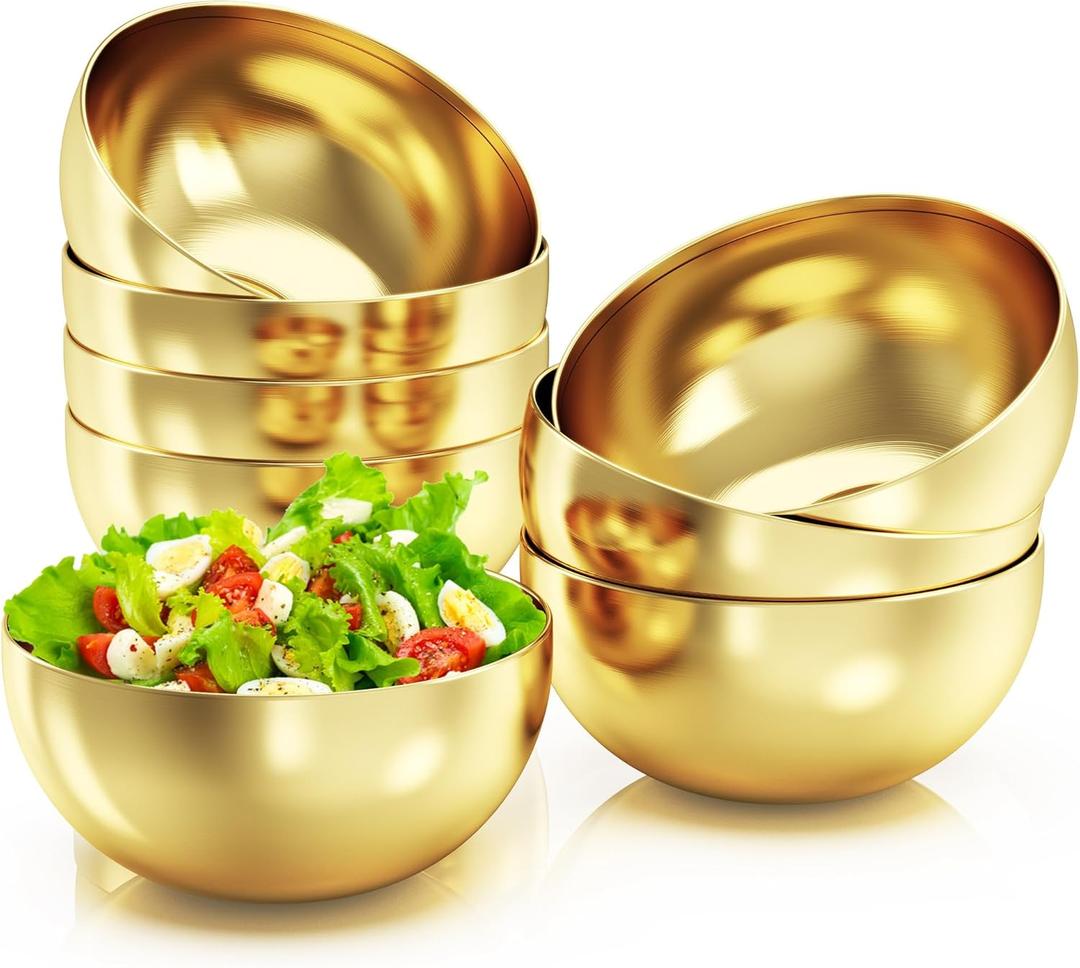 8 Pcs Gold Stainless Steel Mixing Bowl, 24 Oz Decor Salad Bowl, 5.9 In Metal Serving Bowl, Reusable Prep Bowl, Kitchen Cooking Bowl for Soup Fruit Sauce Pasta Snack Noodle (700 ML)