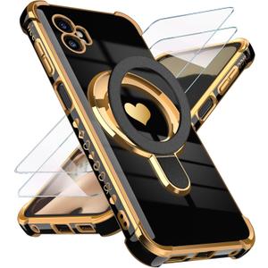 for Samsung Galaxy XCover7 Pro Love Heart Kickstand Case with 2X Screen Protector: Luxury Plated Gold Edge Slim Soft TPU Shockproof Protection Case Cover for Galaxy XCover7 Pro (Black)