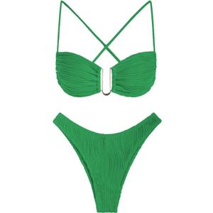 ZAFUL Women's Textured Underwire Bikini Set V Notch High Cut Swimwear Tie Side Ribbed Sexy Swimsuits, Size XL
