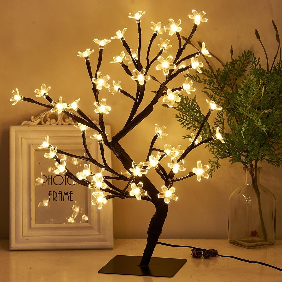 PEIDUO 17.5 Inch Lighted Cherry Blossom Tree, 48 Warm White Lights Plug in Adapter, Light up Bonsai Tree for Christmas Indoor Home Bedroom Living Room, Tabletop Decor Night Light Artificial Tree