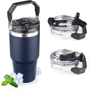 20oz Tumbler with Handle and Flip Straw Lid Double Wall Insulated Travel Coffee Mug Stainless Steel Vacuum Insulated Coffee Tumbler Cup for Hot and Cold Beverages Leak-proof&BPA-free (20oz,Navy blue)