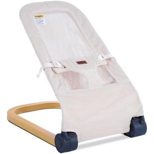 Winchild Baby Bouncer,Portable Baby Bouncer Seat & Foldable with 3 Height Adjustments, Ergonomic Bouncer for Babies 0-6 Months, Wood Grain Style, Natural Vibrations, Includes Storage Bag(Mesh Beige)
