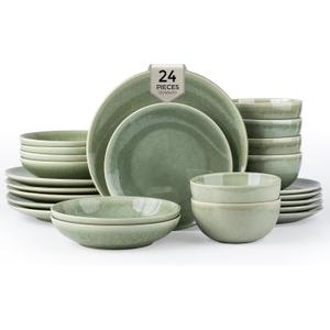 GBHOME Dinnerware Sets for 6, 24 Pieces Ceramic Plates and Bowls Set