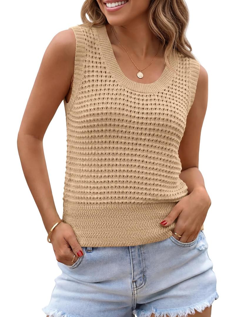 Saodimallsu Womens Summer Crochet Cover Up Sleeveless Scoop Neck Mesh Knit Beach Vacation Sweater Vest Khaki (Brown)