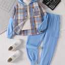 EDFTM Toddler Boy Clothes Flannel Plaid Hoodie Shirt and Casual Sweatpants Boys Fall Winter Spring Outfits Sky Blue 3-4 Years