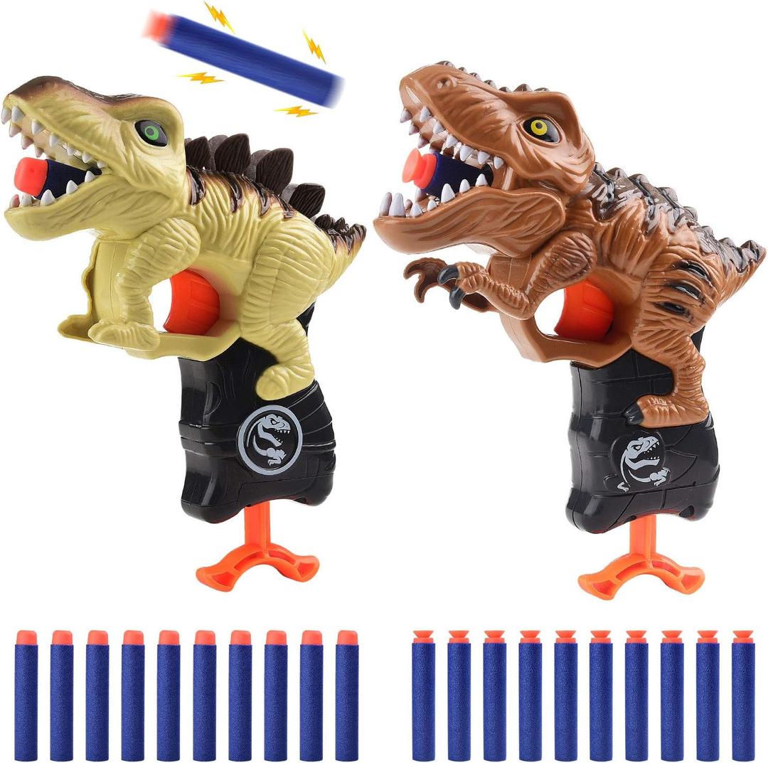 2 Pack Dinosaur Toys for Toddlers Boys 3 4 5 6 7 Year Old Birthday Gifts Valentines Easter Christmas Stocking Stuffers, Small Dino Blaster Shooting Game with Soft Foam Darts Compatible with Nerf