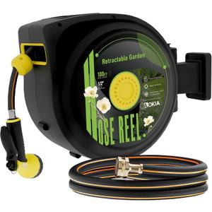Aokia Retractable Garden Hose Reel, 1/2 in x 100 ft Wall Mounted Heavy Duty Garden Hose Reel with 9 Patterns Nozzle, Any Length Lock, Auto Return System and 180Swivel Bracket