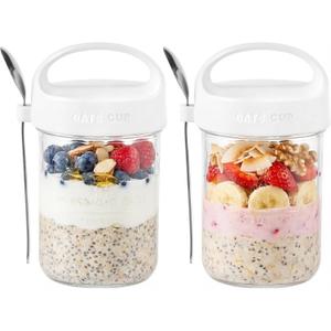 2Pack Overnight Oats Containers with Lids and Handle,14 oz Airtight Oatmeal Container,Mason Jars with Lid for Cereal,Milk,Fruit,Yogurt,On The Go Container,Salad Jars,Glass Jars (White)