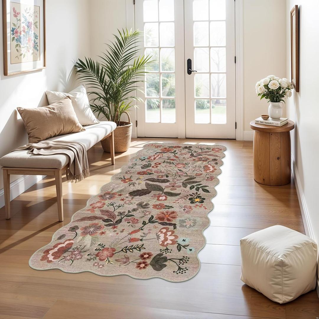 3x6 Rug Floral Scalloped Runner: Machine Washable Non Slip Stain Resistant Kitchen Runner for Hallway Bedroom Entryway - Soft Low Pile Flower Throw Carpet for Boho Vintage Home Decor3x6 Beige-Brown