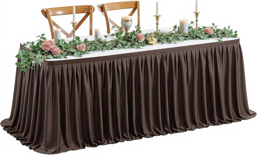 Wish Care 6ft Long Brown Table Skirt for Rectangle Tables - Wrinkle Resistant Polyester Pleated Table Skirting for Parties Weddings Office