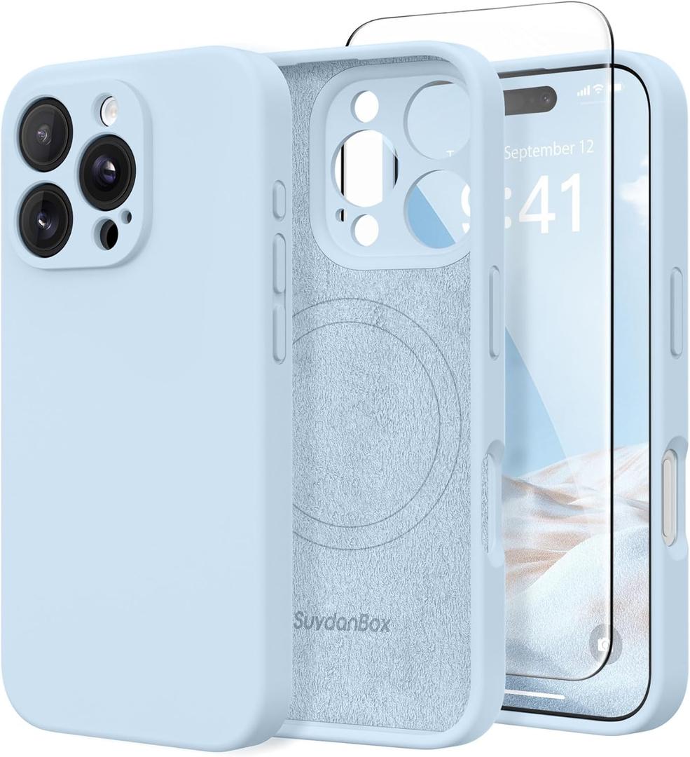 Magnetic for iPhone 16 Pro Case, Compatible with MagSafe, [Full Camera Protection][Screen Protector] Silicone Shockproof Protective Phone Case for iPhone 16 Pro 6.3", Light Blue