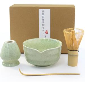 Matcha Whisk Set, Japanese Tea Set includes Matcha Bowl with Spout, Matcha Whisk and Holder, Bamboo Scoop - 4 Pcs Ceremonial Grade Matcha kit for Tea Lovers (Jade Green)