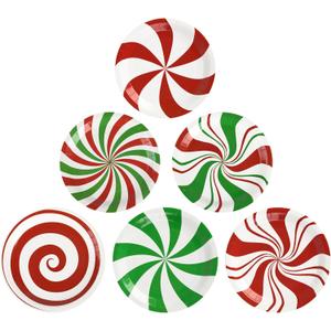 48Pcs Christmas Candy Paper Plates Peppermint Swirl Xmas Party Plates Red & Green Holiday Disposable Plates Striped Dinner Round Plate for Winter New Year Candy Party Supplies (48, 7Inch)