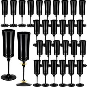 Domensi 30 Pcs Removable Black Champagne Flutes Bulk 7.5oz Plastic Wine Glasses Toasting Goblet Unbreakable Plastic Champagne Cups for Wedding Bachelor Banquet Christmas Party Supplies