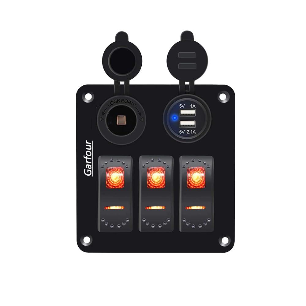 2 x Red 3 Gang Waterproof Boat Switch Panel with 3.1A USB and 12V Cigarette Lighter Socket Marine Switch Panel for Boats, Trucks, RVs