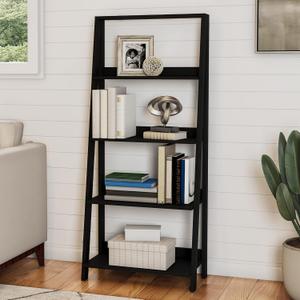 4-Tier Ladder Bookshelf - Freestanding Shelved Bookcase with Leaning Look for Living Room, Bathroom, and Kitchen Storage by Lavish Home (Black)