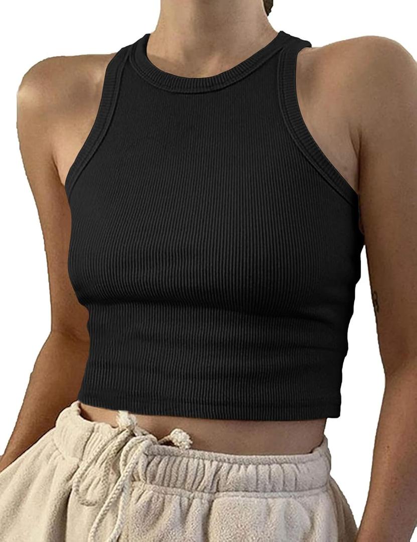 Artfish Women Casual Basic Sleeveless High Neck Rib-Knit Y2k Crop Tank Top (X-Small, 01#black)